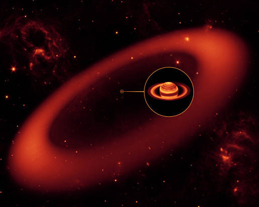 Astronomers discovered a giant ring around Saturn in 2009. At a diameter of 300 Saturns end-to-end, scientists believe the source of the materials originate from Saturn's moon, Phoebe, which orbits within the ring.