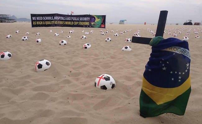 Brazilians protest the hypocrisy of hosting the World Cup.