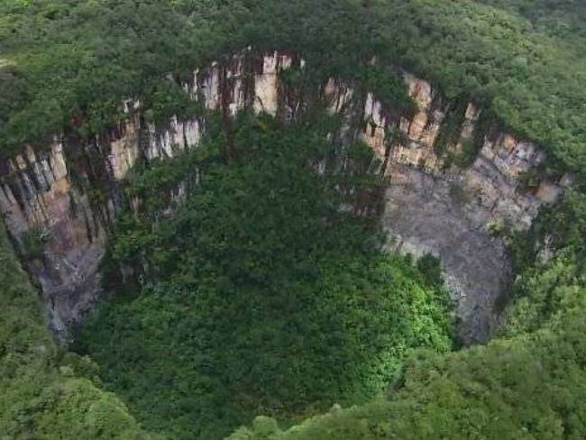 The Sarisarinama sinkholes in Venezuela are famous for their beauty. They have their own little ecosystems with distinct flora and fauna. Each one is hundreds of feet deep.