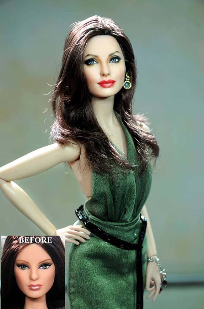 Angelina Jolie's strong cheek bones and full lips don't stand out in the factory production of this doll. Cruz gave them they attention they deserved.