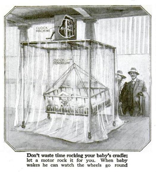 1920: Motor-Driven Cradle. No one seems to have the time to rock their child to sleep, so another proposed invention rose up with the added bonus of "entertainment" for your child when they woke up.