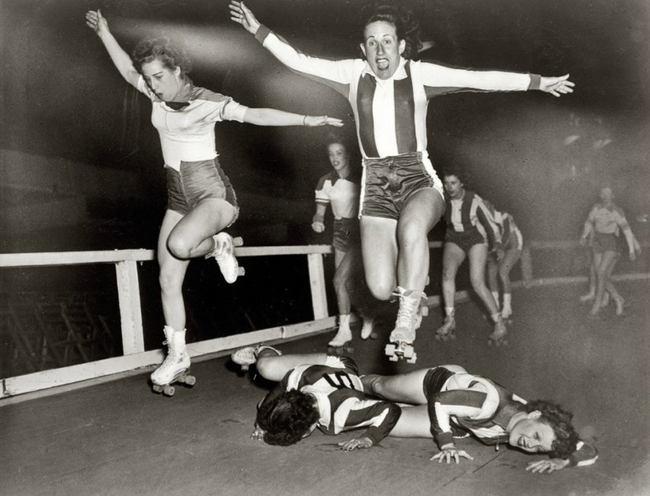 16.) Women participating in a roller derby in 1950.