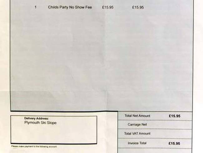 Earlier this week, Alex's father Derek received this: an invoice for a £15.95 (close to $24 USD) "no-show fee" from the classmate's family. The invoice was given to Alex to deliver to his family from the classmate's mother.