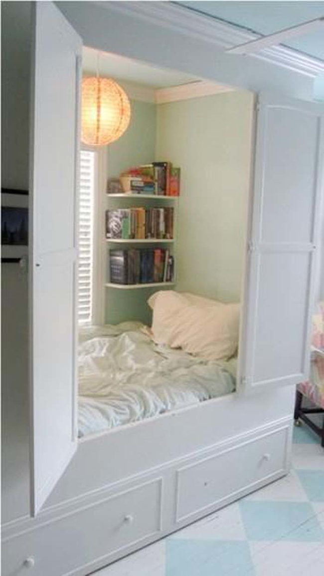 Hidden sleeping space in the cabinet.