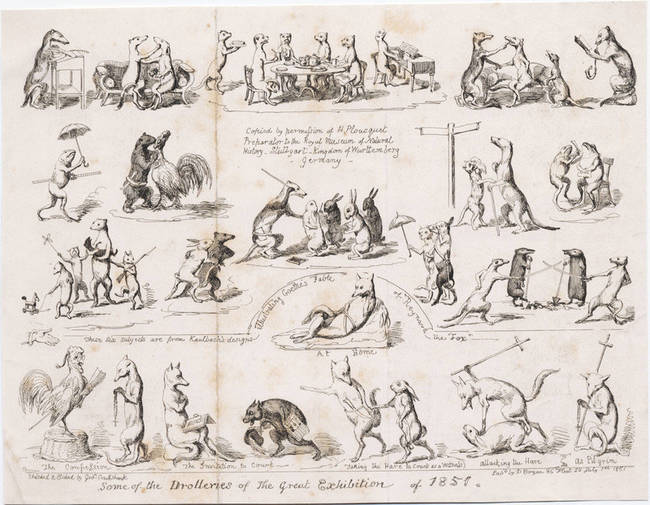 The first anthropomorphic taxidermy was done by Hermann Ploucquet as an exhibit in the Crystal Palace. Fans of Ploucquet's work included Charles Dickens, Charles Darwin, Lewis Carroll, Charlotte Bronte, and even Queen Victoria herself.