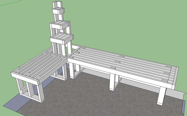 "I used Sketchup to make a cement slab and the gaps between the fence using measurements of the slab.  I designed my bench so that most of the weight was on the slab, but had a pointed leg that stuck into the ground for extra support."