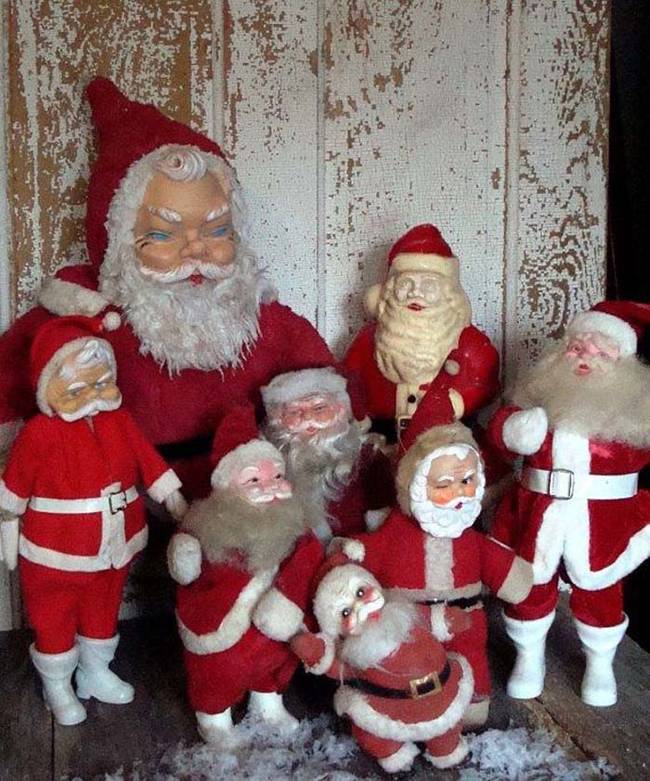 A whole gang of creepy-looking Santa decorations. Great.