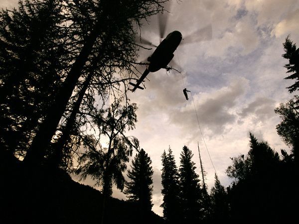 17.) A firefighter in Russia rappels into the Siberian forest.