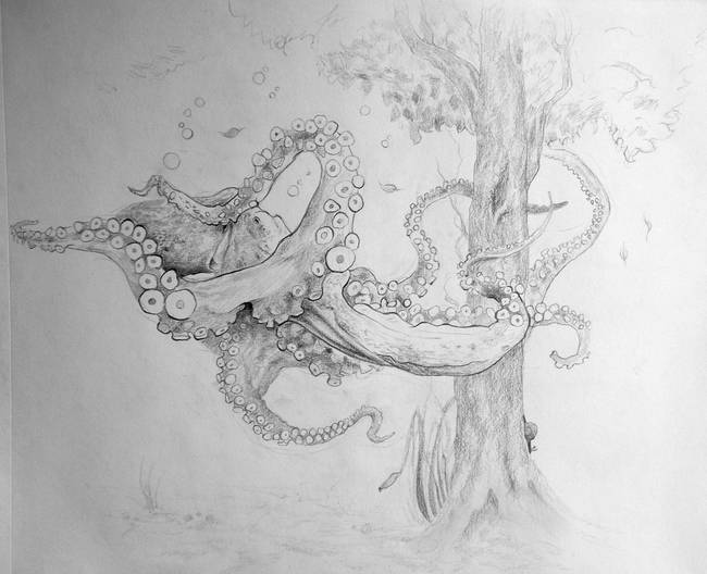 This one is gorgeous. It really does have a strange feeling to it. I can't tell if the tree is underwater or the octopus is floating in the air. Whatever the case, it's beautiful and dreamlike.