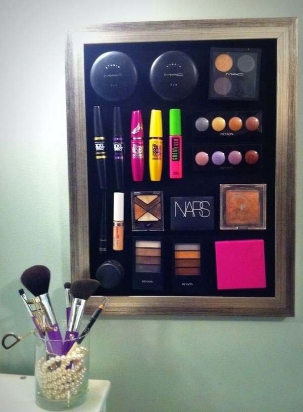 14.) Use a magnetic board to store your makeup.