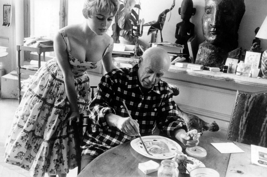 Brigitte Bardot visits Pablo Picasso at his studio near Cannes in 1956.