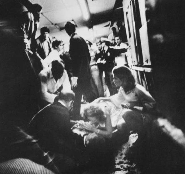 Robert Kennedy's wife Ethel tries to comfort her dying husband after he was shot at the Ambassador Hotel, 1968.