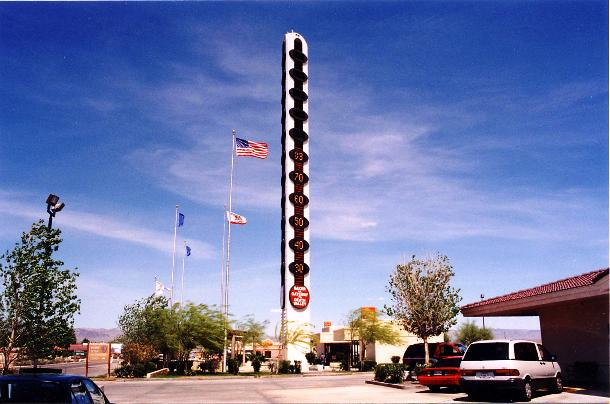 The world's largest thermometer is 134-feet-tall and was built by businessman Willis Herron. Herron built it to commemorate the highest recorded temp in America (134 F in 1913 in Death Valley),