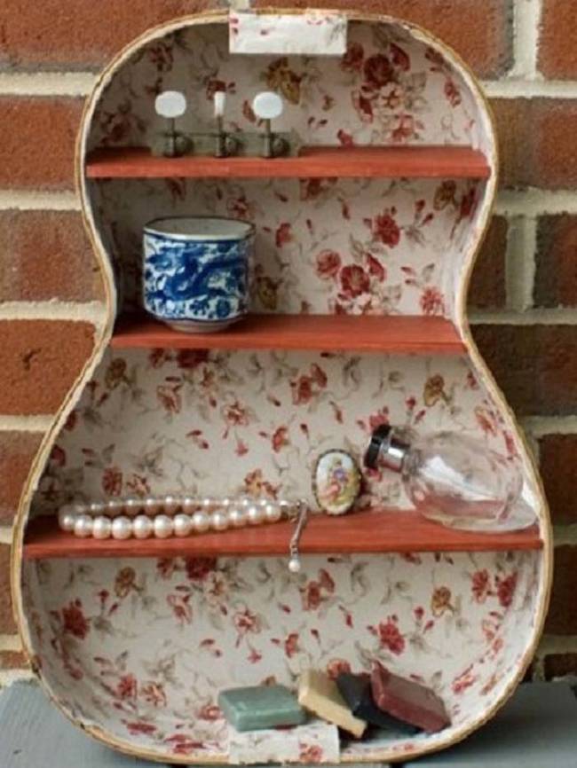 This guitar shelf has a vintage vibe.