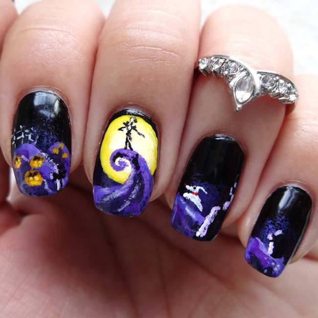 This Nightmare Before Christmas manicure is super detailed.