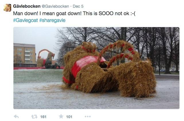 You can follow this year's Gävle Goat on Twitter (@Gavlebocken). It's pretty adorable. Recently one of the smaller goats around the main display was destroyed. The Gävle Goat was very appropriately mournful of his brother's death.