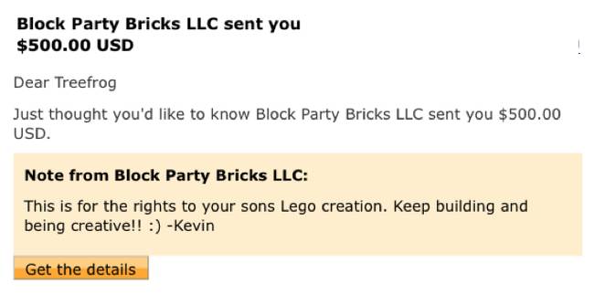 A company named Block Party Bricks even sent the son $500 to buy his design.