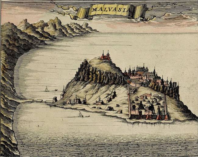 A map of Monemvasia (then Malvasia) from the Middle Ages.