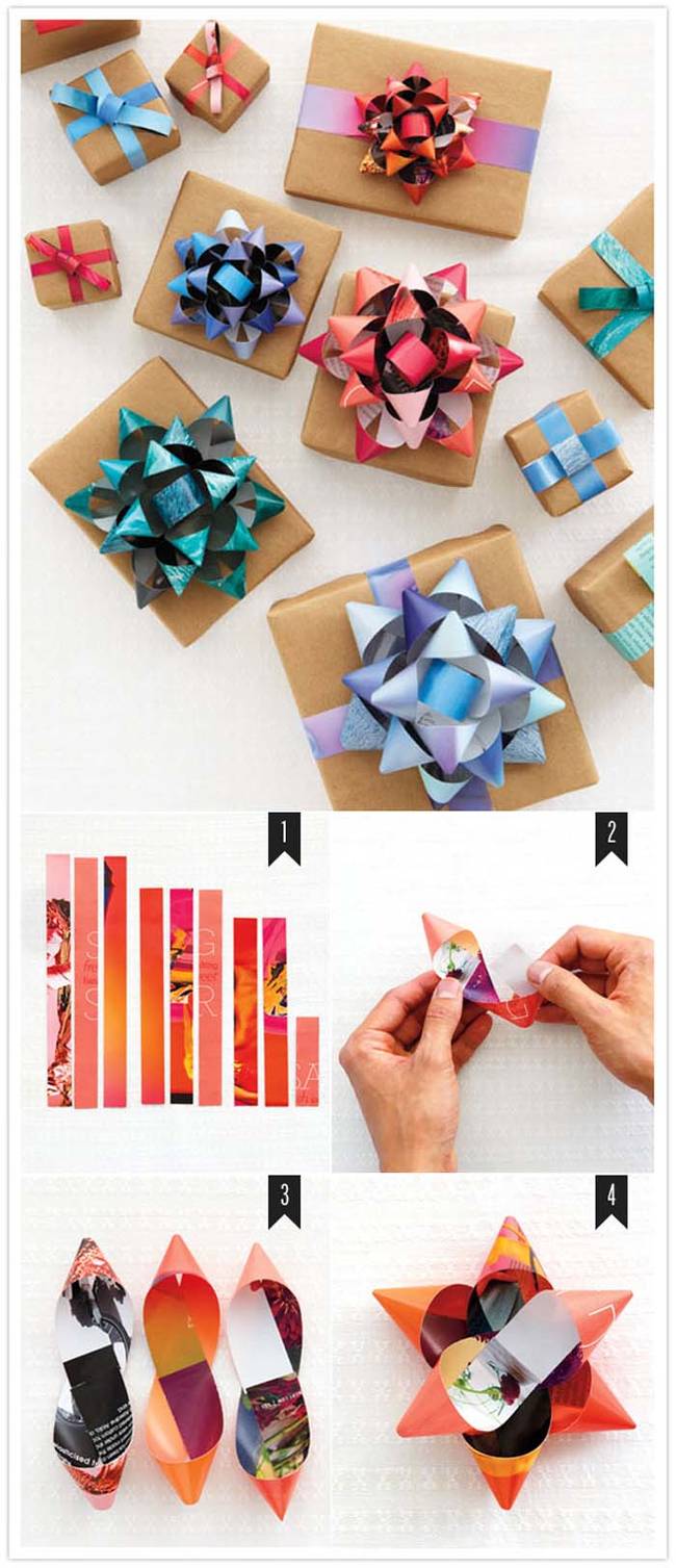 7.) Recycle old magazines by <a href="https://www.100layercake.com/blog/2011/12/06/how-to-make-a-gift-bow/
" target="_blank">folding them into gift bows</a>.