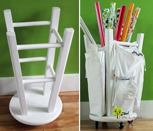 Flip a stool over and use it as an organizer.