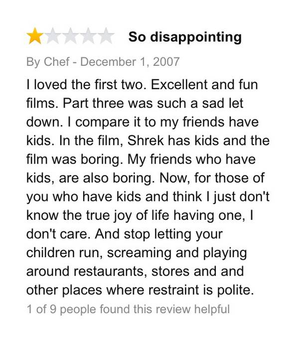 2.) "Shrek 3" was apparently too realistic for this reviewer.