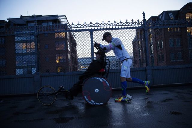 After the ride is the running. Steen pushes Peder in his wheelchair.