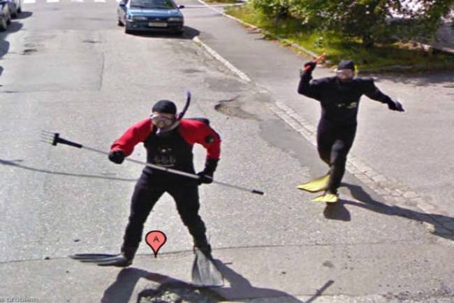 Scuba divers attacking the Google Maps car.