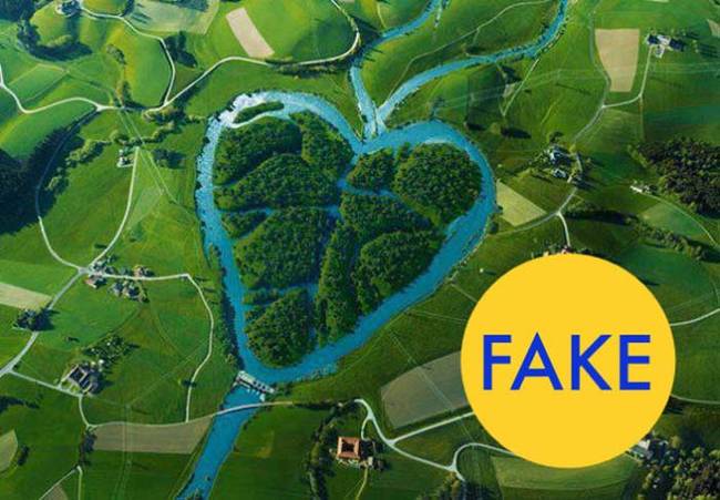 12.) The Heart River in North Dakota is a real thing, but this image of a heart shaped river is a fake.