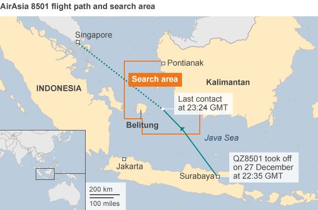 The flight path and search area for AirAsia 8501.