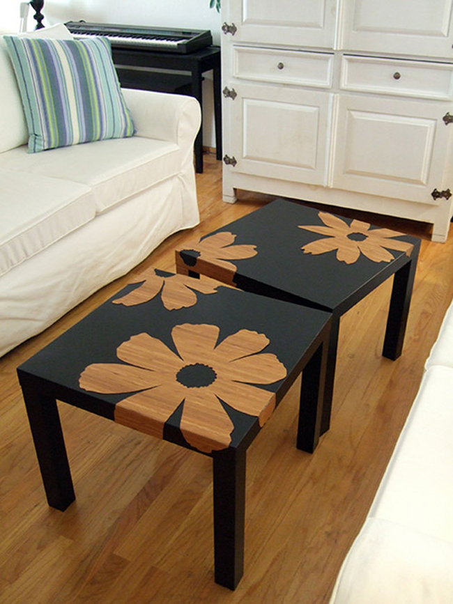 10.) Design your own veneers to <a href="https://www.craftynest.com/2009/03/bamboo-veneer-flowers-ikea-lack-tables/" target="_blank">add a one of a kind touch</a> to your coffee table.