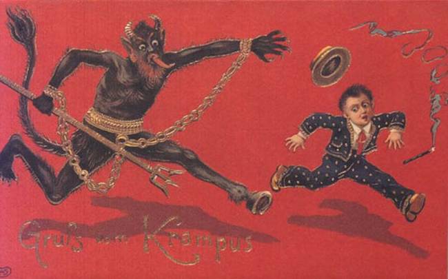 Krampus is typically depicted in folklore as a traditional demon with one human foot, and one hoofed foot.