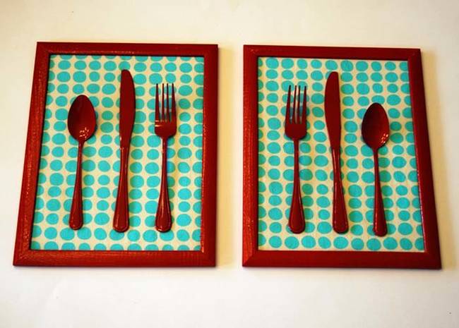 11.) This diner wall art is made from $1 kitchen utensils, $2 frames, fabric, and hot glue.