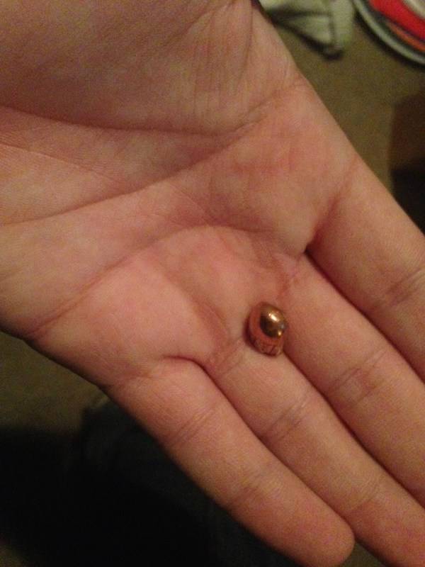 This is the bullet that was fired at Jason Derfuss. Miraculously, he survived.