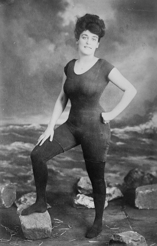 7.) Annette Kellerman posing in the swimsuit that got her arrested for indecency in 1907.