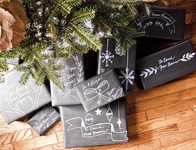 Using black paper and white paint pens, make gifts look like a chalkboard.