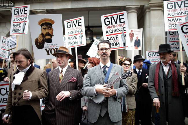 Handsome fellas protest the plans for an Abercrombie & Fitch outlet on London's historic Savile Row.