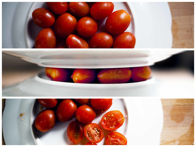 Tomatoes: Stabilize them between two plates and slice right through.