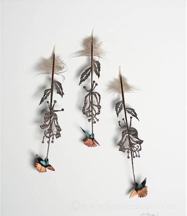 <Hummingbird Flower 4</i>. Ocellated turkey feathers