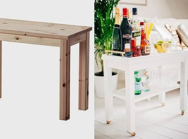 11.) Add handles and wheels to a table and make it a moving bar cart.