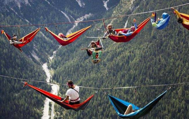 Just a few of the high line thrill seekers taking a hammock break. One guy even brought a guitar.