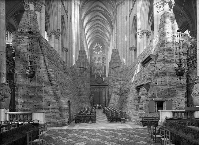 The inside of the Cathedral of Amiens during World War II.