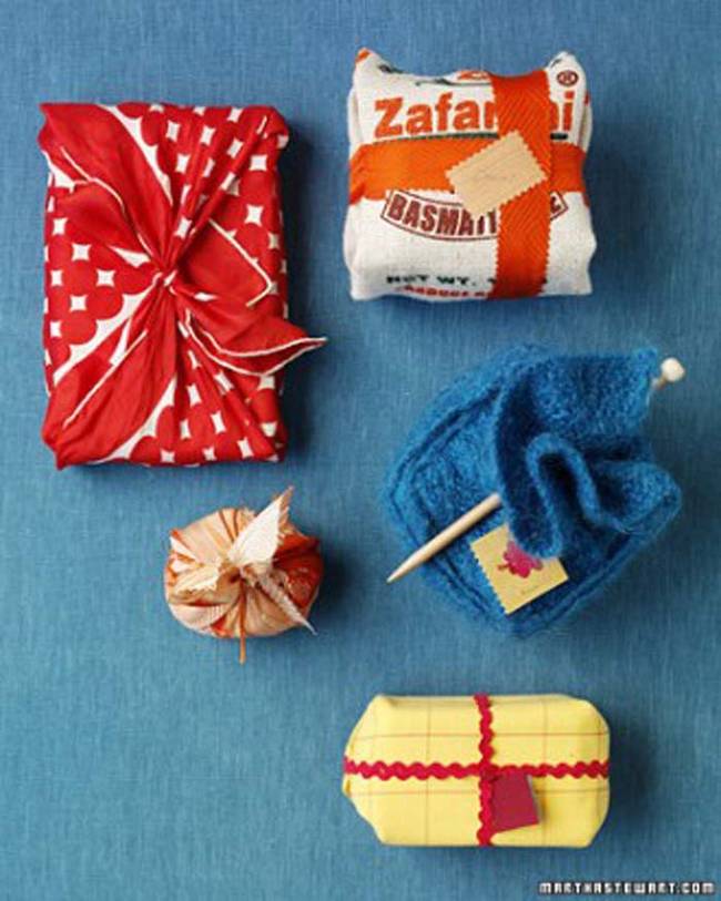 3.) Here's another eco-friendly trick for when you're low on paper. Wrap gifts in <a href="https://www.marthastewart.com/274678/gift-wrapping-ideas/@center/307035/santas-workshop#235324" target="_blank">old scraps of fabric</a>. This is also known as <i>furoshiki</i>, a traditional Japanese gift wrapping technique.