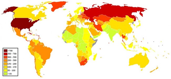 10. Prison population per 100,000 people – the US tops the list.