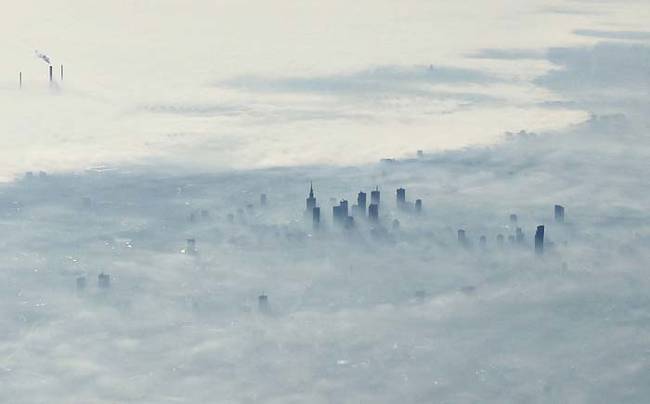 Warsaw, Poland on a foggy day.