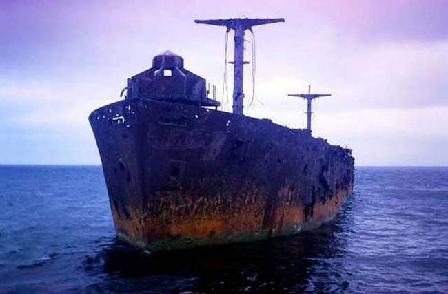 10.) This is the SS James Longstreet, a wrecked tanker from World War II. This 1965 photo shows it in an advanced state of decay.