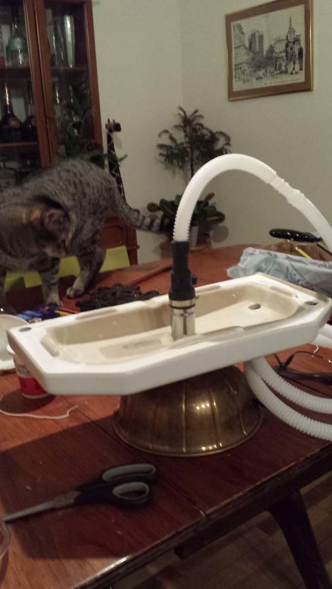 They found a bowl at a thrift store to use as a basin. They drilled a hole in the bowl and attached it to the tank cover. The drain assembly is attached to a dishwasher hose.