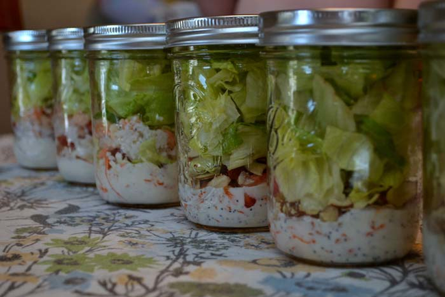 1.) This is for salad addicts: make to-go salads in mason jars. Whatever you do, do NOT put the salad dressing on the top.