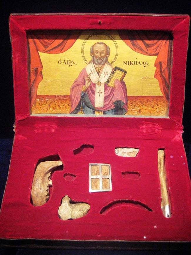 His remains now rest in Bari, Italy. What's left of St. Nicholas is part of his jaw and some smaller bone fragments. While this might seem morbidly ordinary at first glance, the bones have a mystical side to them.