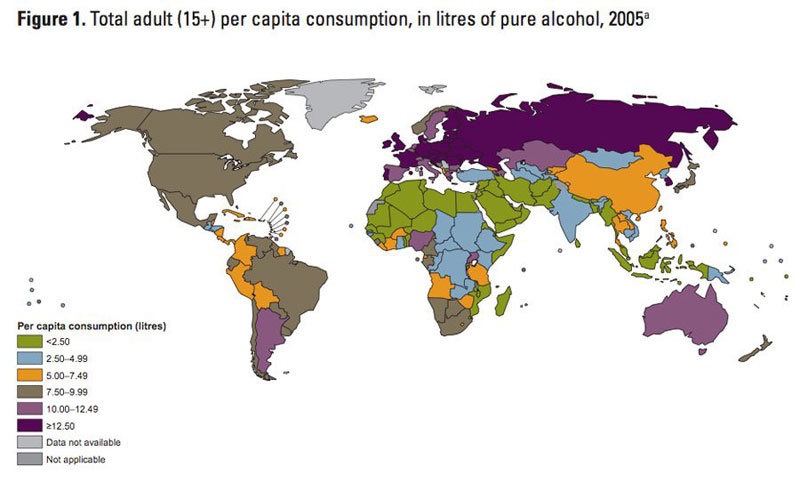 14.) Map of Alcohol Consumption Around the World