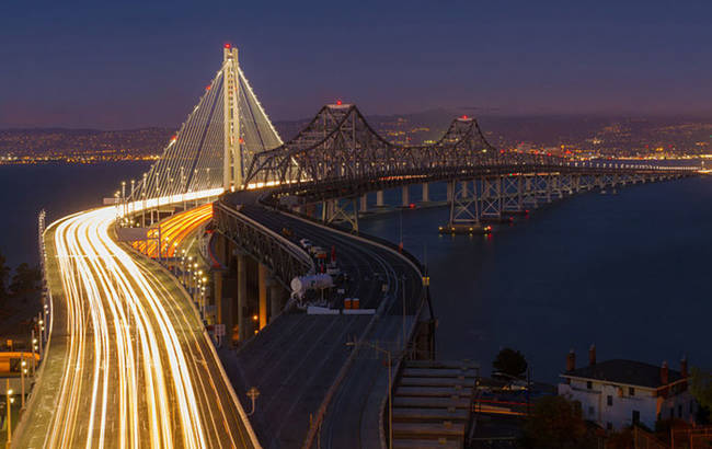 The Old and New San Francisco Bay Bridges, California.